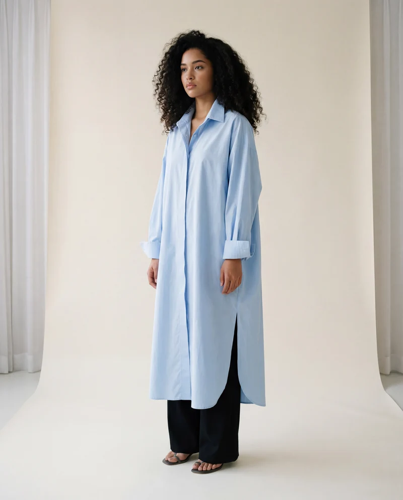Jazz Up Oversized Fit Maxi Basic Blue Shirt Blouse