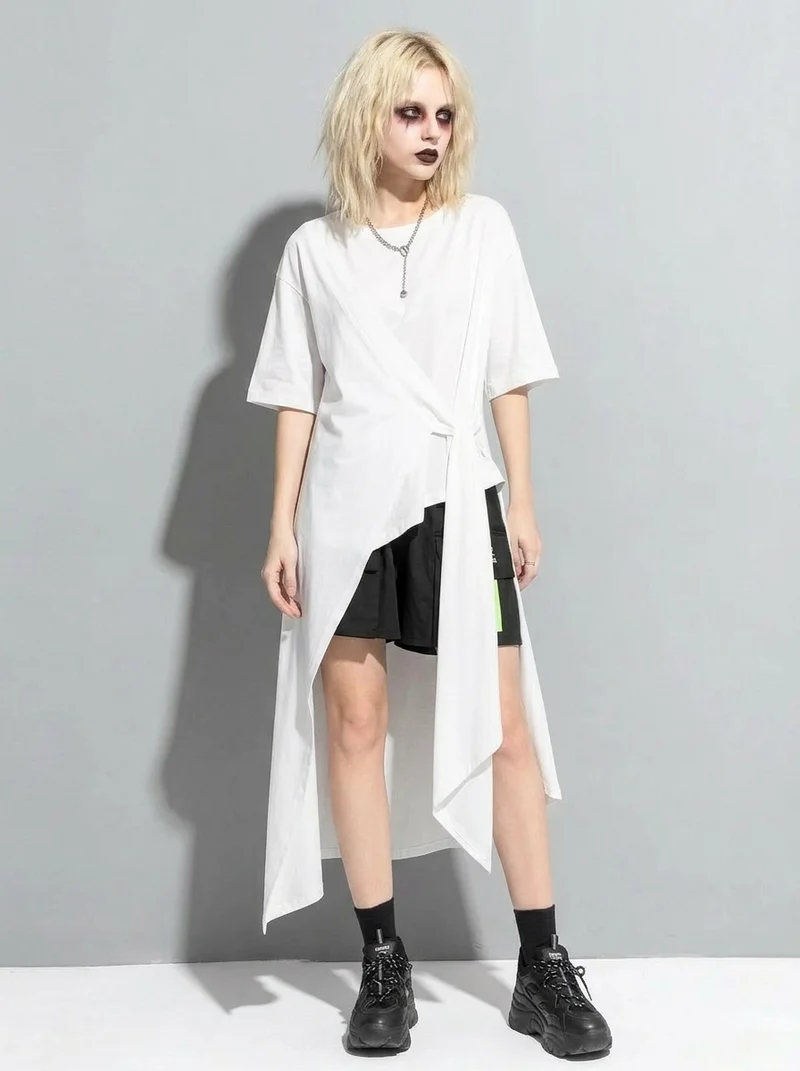 Casual Punk Irregular Design Maxi White Shirt