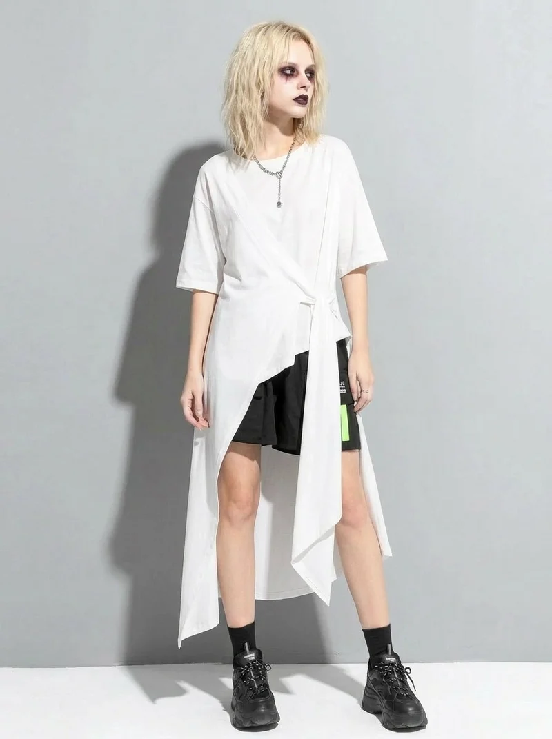 Casual Punk Irregular Design Maxi White Shirt