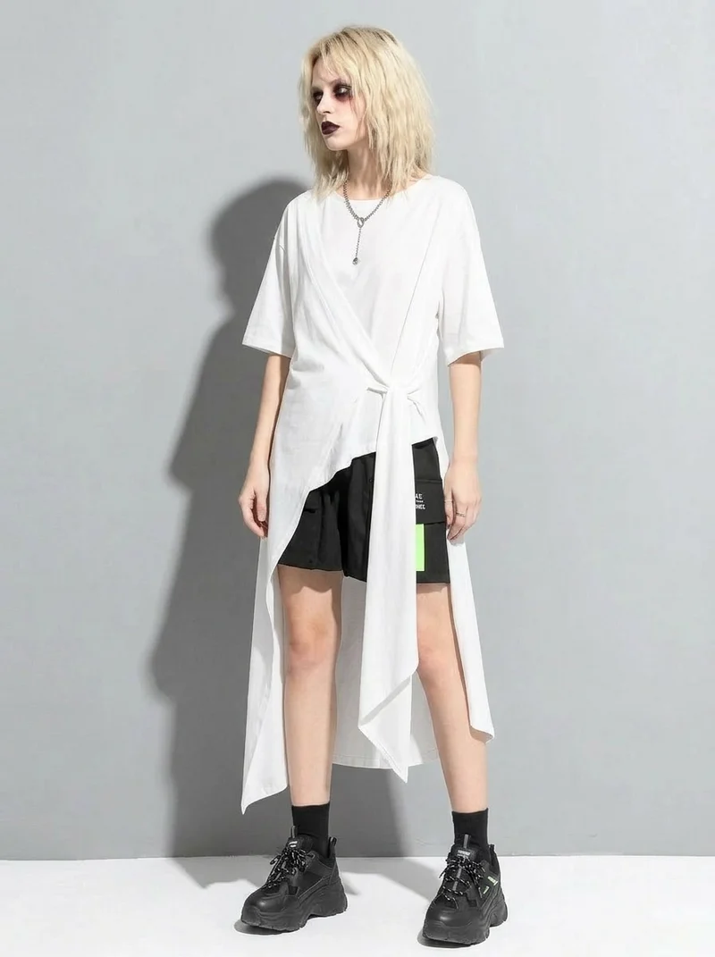 Casual Punk Irregular Design Maxi White Shirt