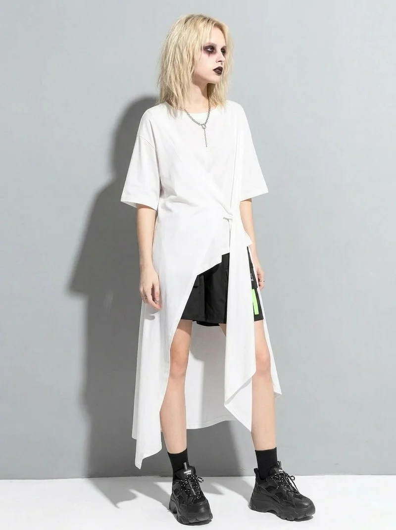 Casual Punk Irregular Design Maxi White Shirt