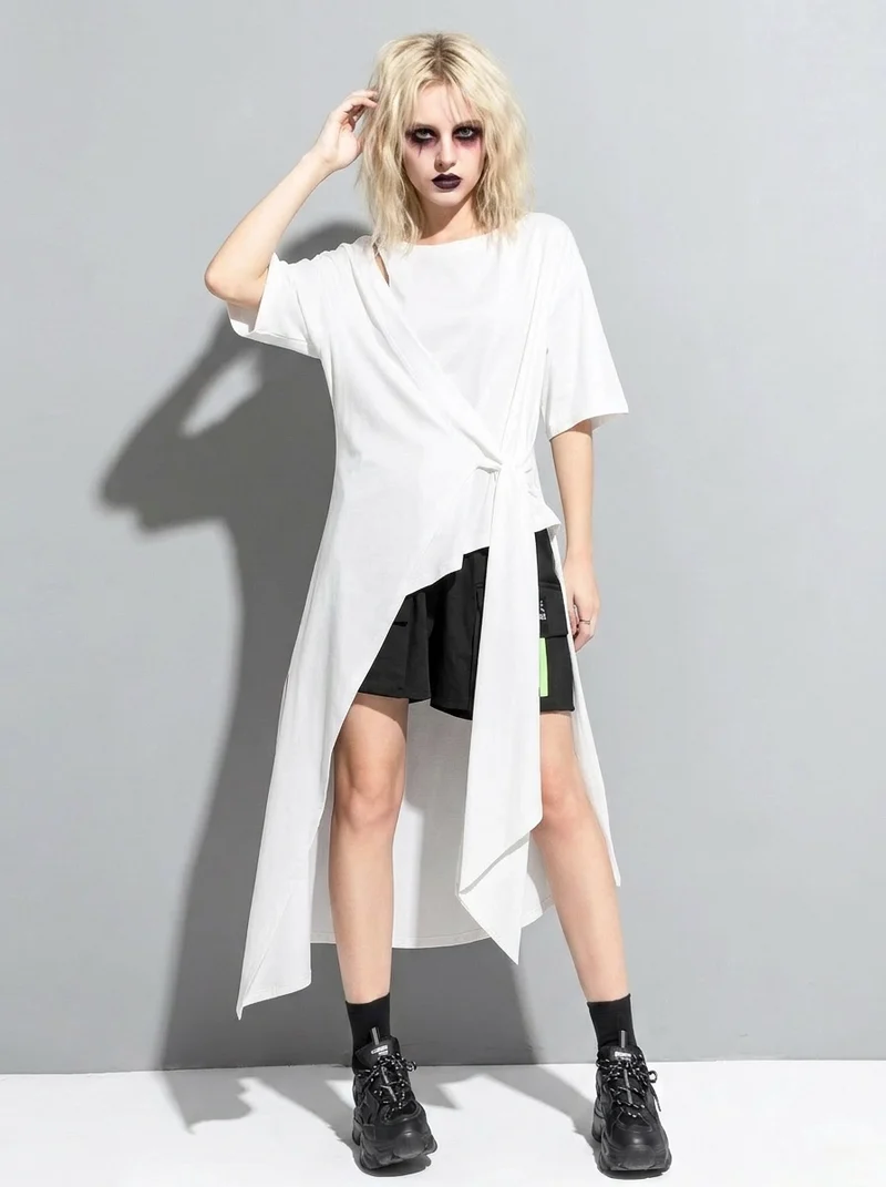 Casual Punk Irregular Design Maxi White Shirt