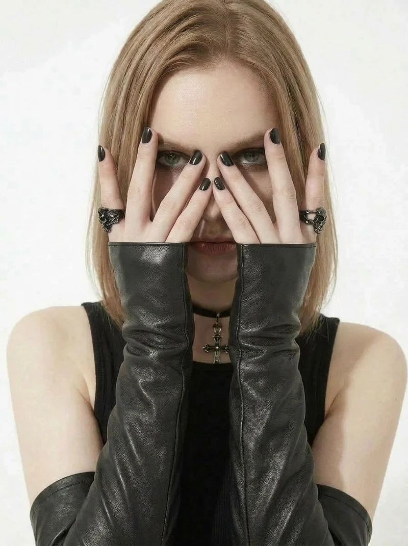 Minimalist Goth Fingerless Leather Gloves – Long Edge Arm Warmers