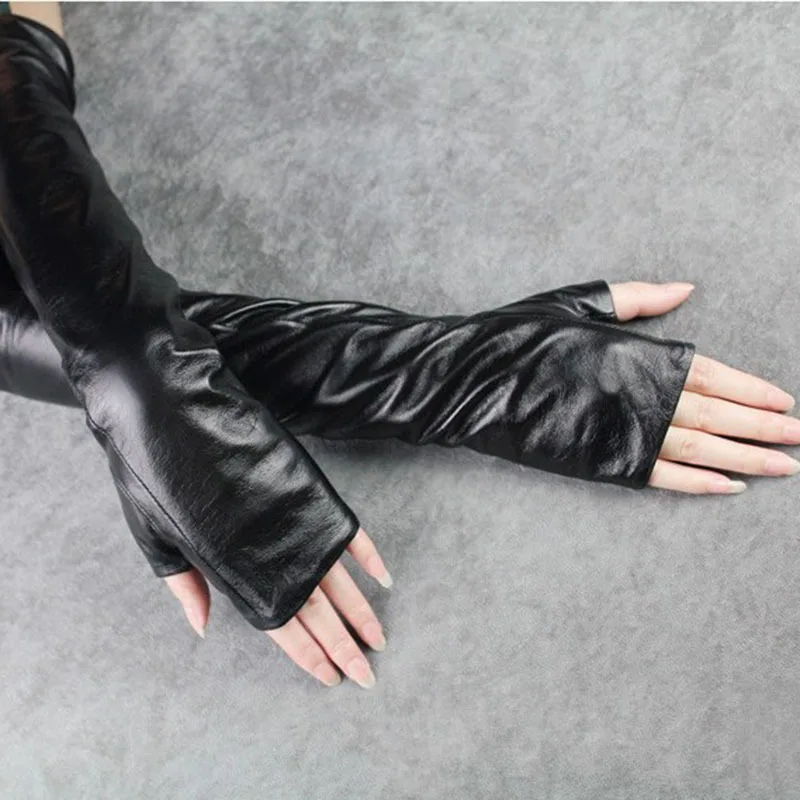 Minimalist Goth Fingerless Leather Gloves – Long Edge Arm Warmers