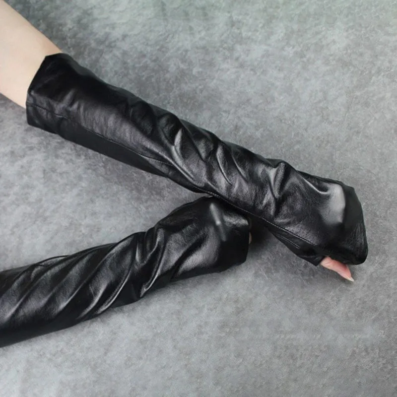 Minimalist Goth Fingerless Leather Gloves – Long Edge Arm Warmers