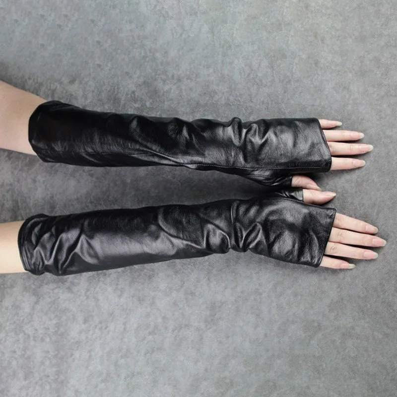 Minimalist Goth Fingerless Leather Gloves – Long Edge Arm Warmers
