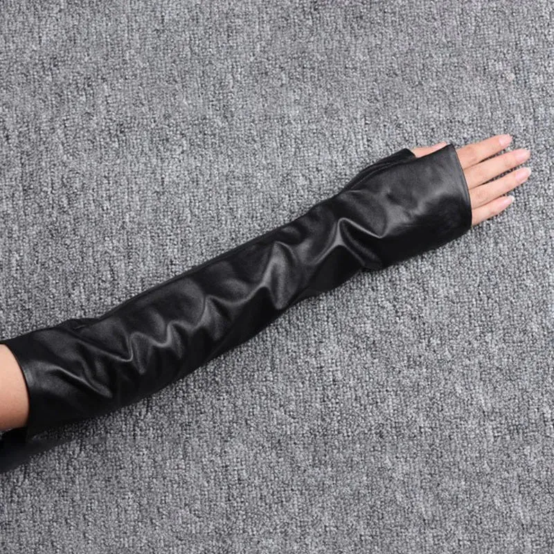 Minimalist Goth Fingerless Leather Gloves – Long Edge Arm Warmers
