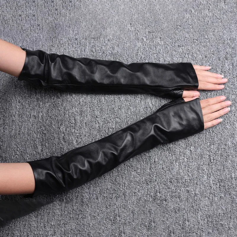 Minimalist Goth Fingerless Leather Gloves – Long Edge Arm Warmers