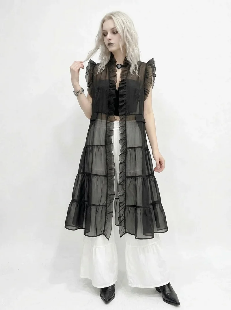 Sheer Gothic Layering Vest – Ruffled Organza Maxi Overlay in Black