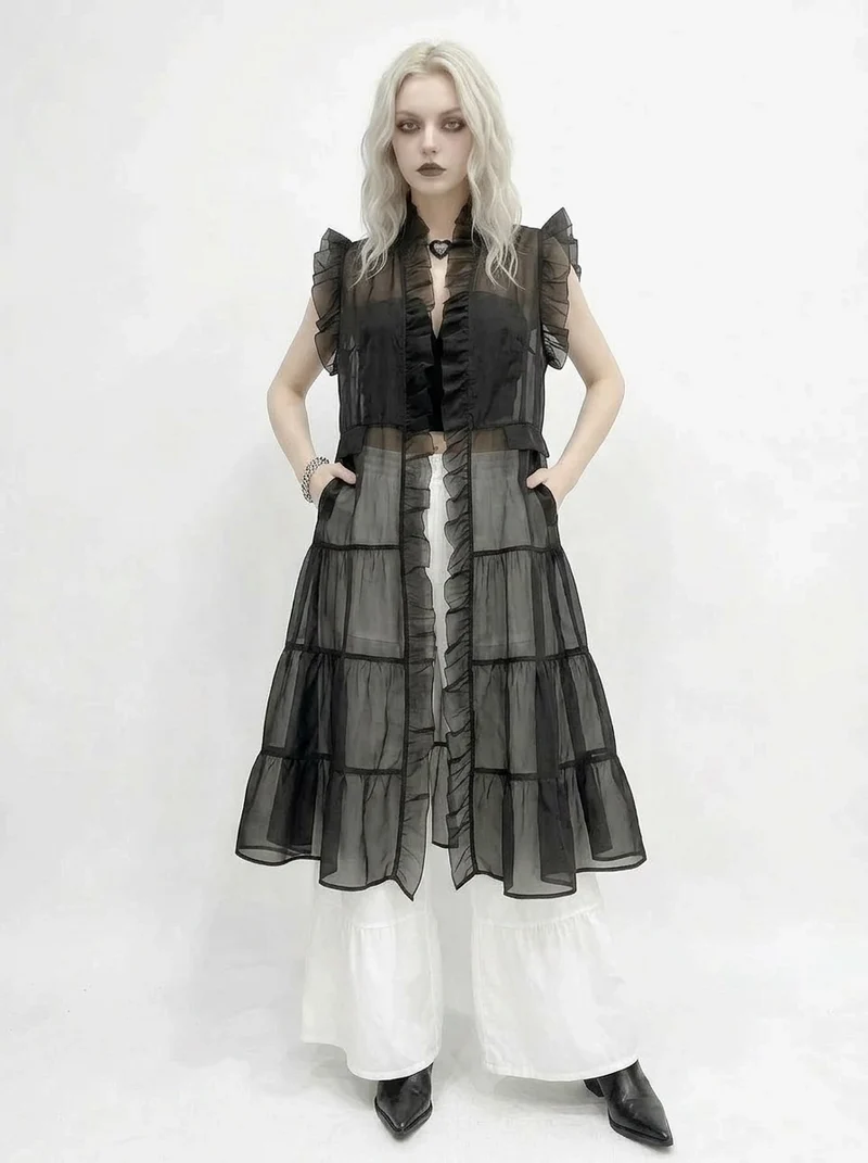 Sheer Gothic Layering Vest – Ruffled Organza Maxi Overlay in Black