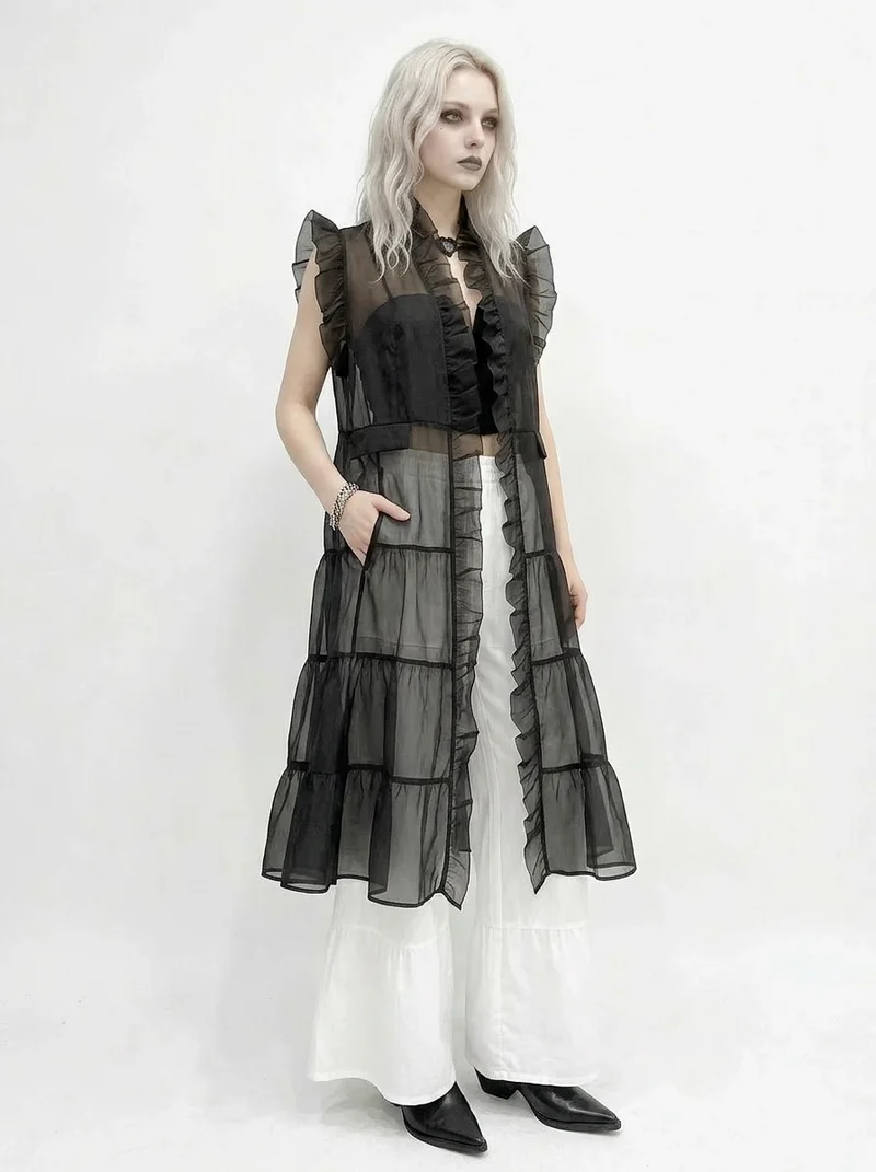 Sheer Gothic Layering Vest – Ruffled Organza Maxi Overlay in Black