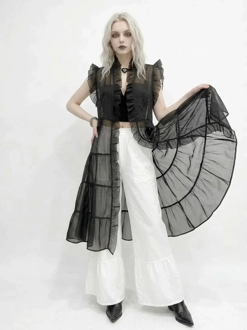 Sheer Gothic Layering Vest – Ruffled Organza Maxi Overlay in Black