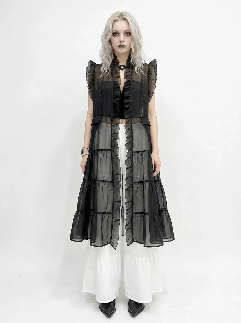 Sheer Gothic Layering Vest – Ruffled Organza Maxi Overlay in Black