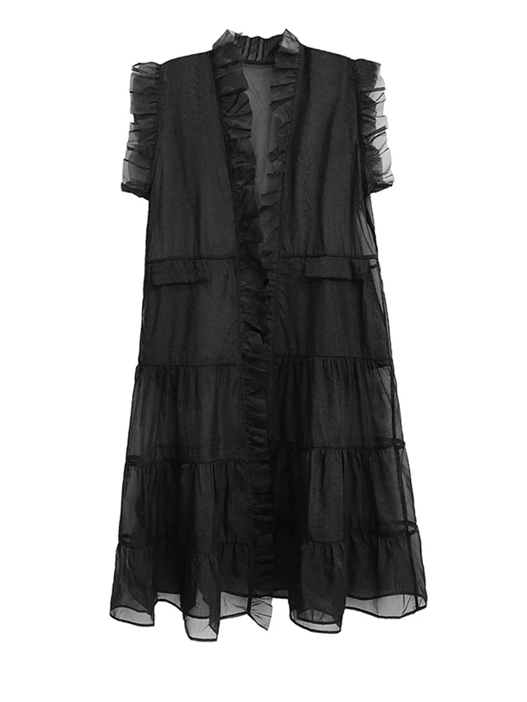 Sheer Gothic Layering Vest – Ruffled Organza Maxi Overlay in Black
