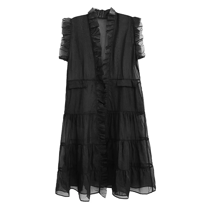 Sheer Gothic Layering Vest – Ruffled Organza Maxi Overlay in Black
