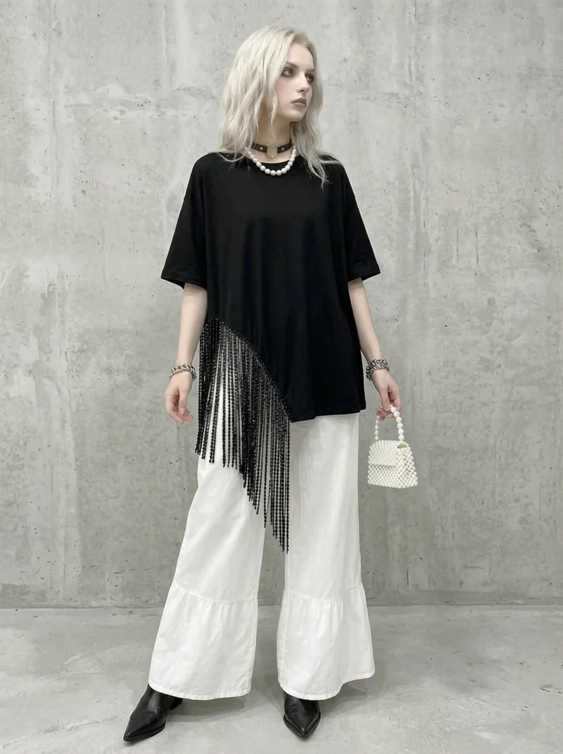 Minimalist Gothic Fringe T-Shirt – Casual Edge Statement Top