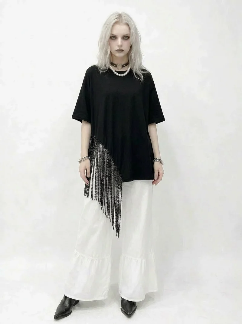 Minimalist Gothic Fringe T-Shirt – Casual Edge Statement Top