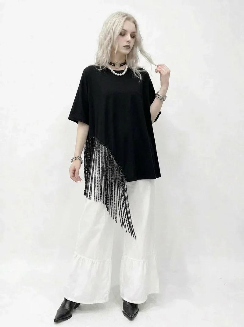 Minimalist Gothic Fringe T-Shirt – Casual Edge Statement Top