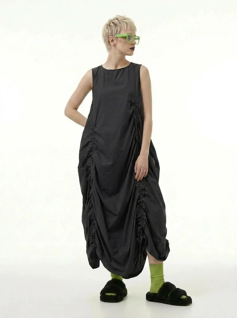 Minimalist Avant-Garde Draped Dress – Oversized Ruched Midi in Black