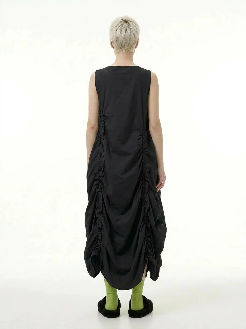 Minimalist Avant-Garde Draped Dress – Oversized Ruched Midi in Black