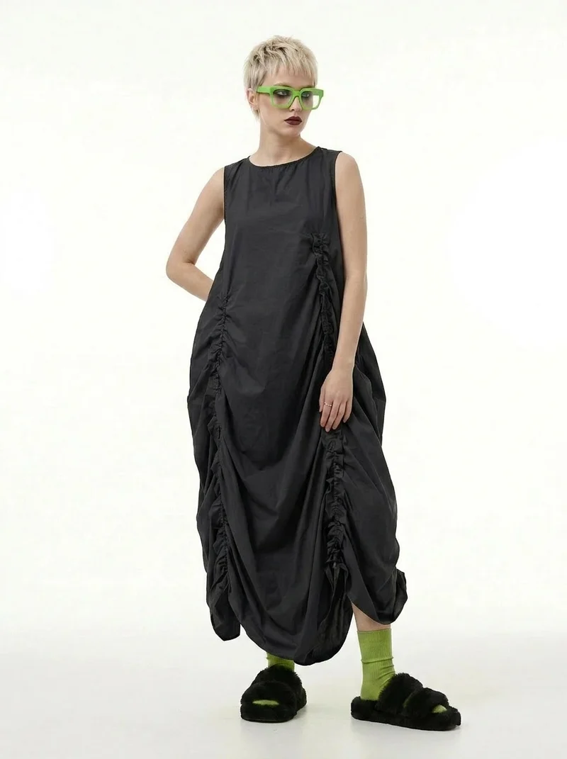 Minimalist Avant-Garde Draped Dress – Oversized Ruched Midi in Black