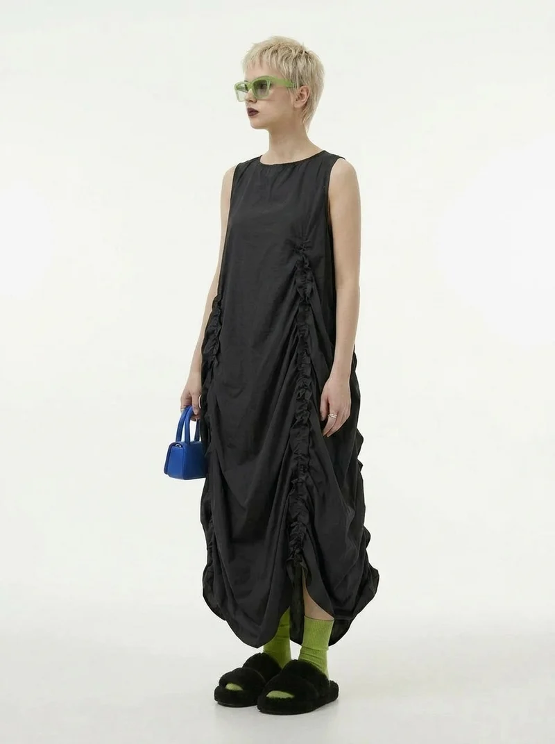 Minimalist Avant-Garde Draped Dress – Oversized Ruched Midi in Black