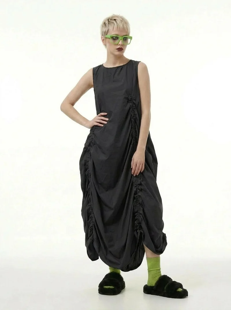 Minimalist Avant-Garde Draped Dress – Oversized Ruched Midi in Black