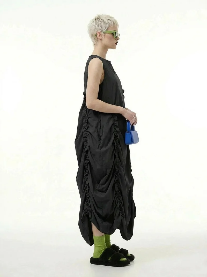 Minimalist Avant-Garde Draped Dress – Oversized Ruched Midi in Black