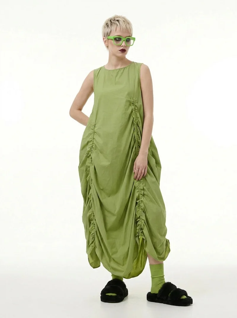 Minimalist Avant-Garde Draped Dress – Oversized Ruched Midi in Olive Green
