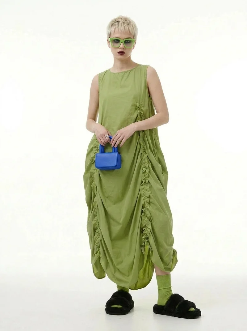 Minimalist Avant-Garde Draped Dress – Oversized Ruched Midi in Olive Green