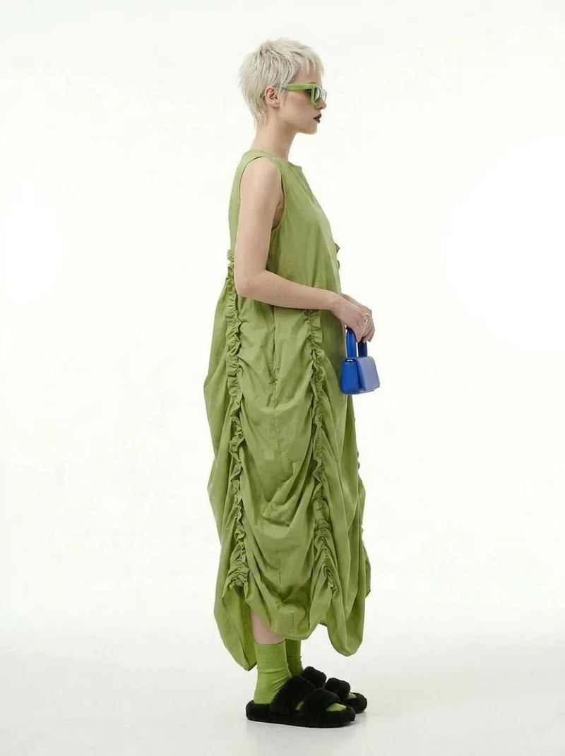 Minimalist Avant-Garde Draped Dress – Oversized Ruched Midi in Olive Green