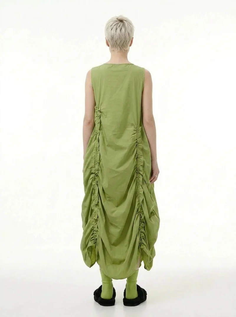 Minimalist Avant-Garde Draped Dress – Oversized Ruched Midi in Olive Green