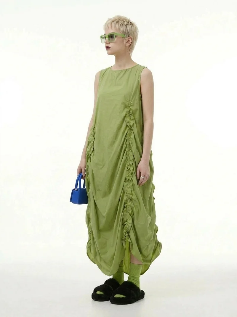 Minimalist Avant-Garde Draped Dress – Oversized Ruched Midi in Olive Green