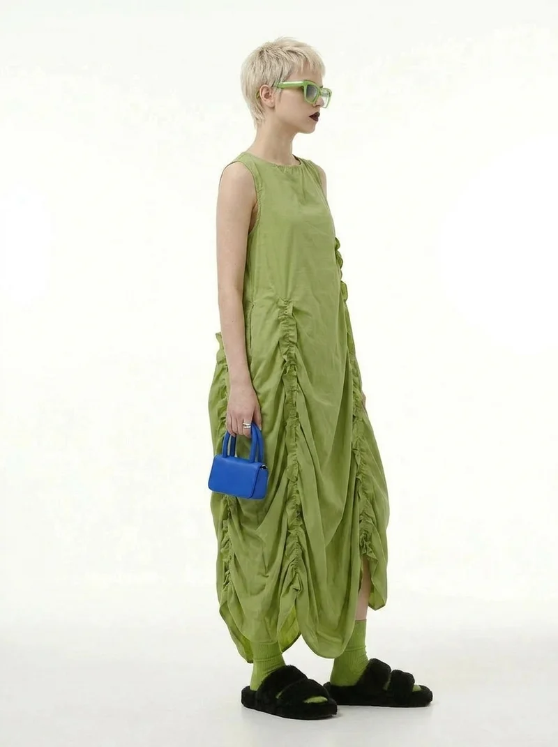 Minimalist Avant-Garde Draped Dress – Oversized Ruched Midi in Olive Green