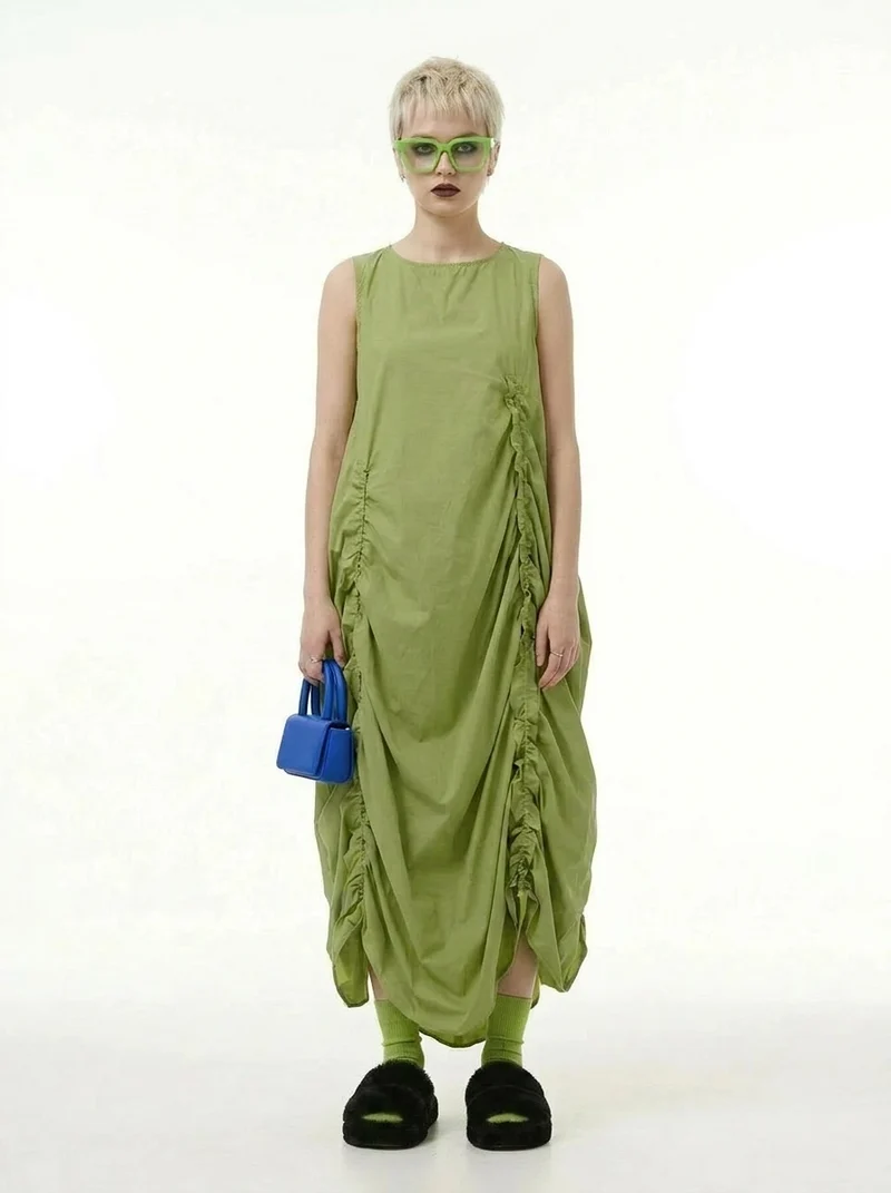Minimalist Avant-Garde Draped Dress – Oversized Ruched Midi in Olive Green