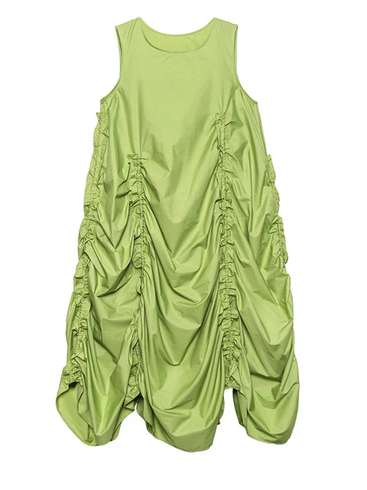 Minimalist Avant-Garde Draped Dress – Oversized Ruched Midi in Olive Green