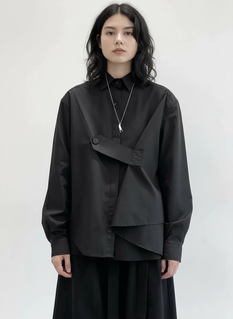 Deconstructed Asymmetric Button Wrap Shirt - Onyx