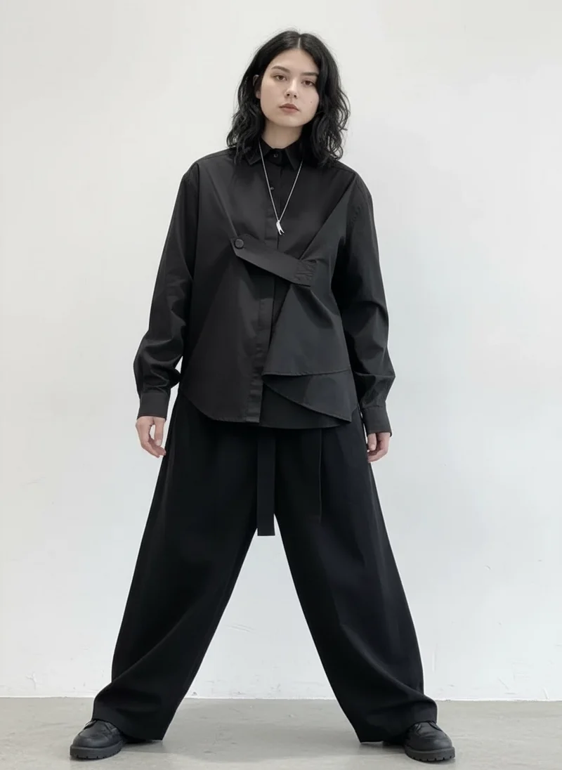 Deconstructed Asymmetric Button Wrap Shirt - Onyx