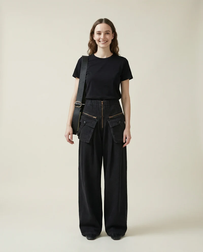 Maxi Pocket Dark Grey Wide-Leg Jeans with Vintage Zipper
