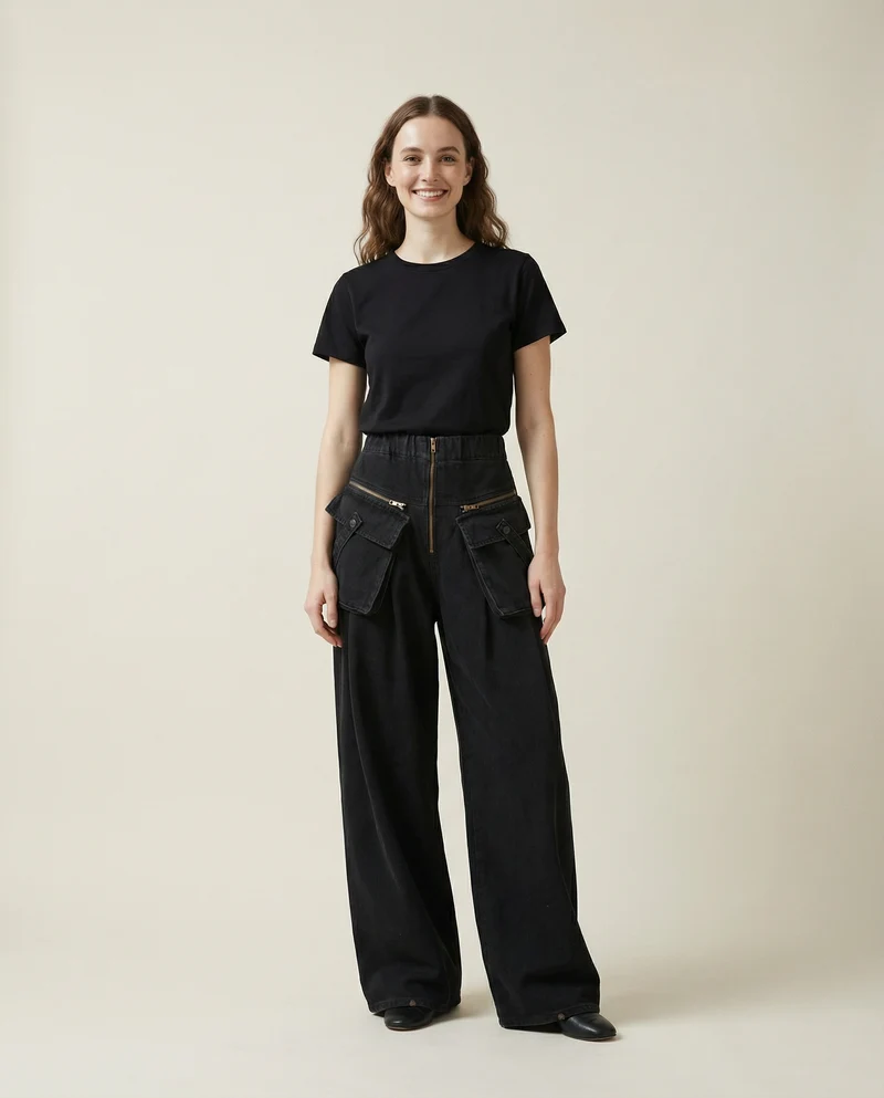 Maxi Pocket Dark Grey Wide-Leg Jeans with Vintage Zipper