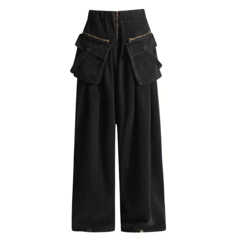 Maxi Pocket Dark Grey Wide-Leg Jeans with Vintage Zipper