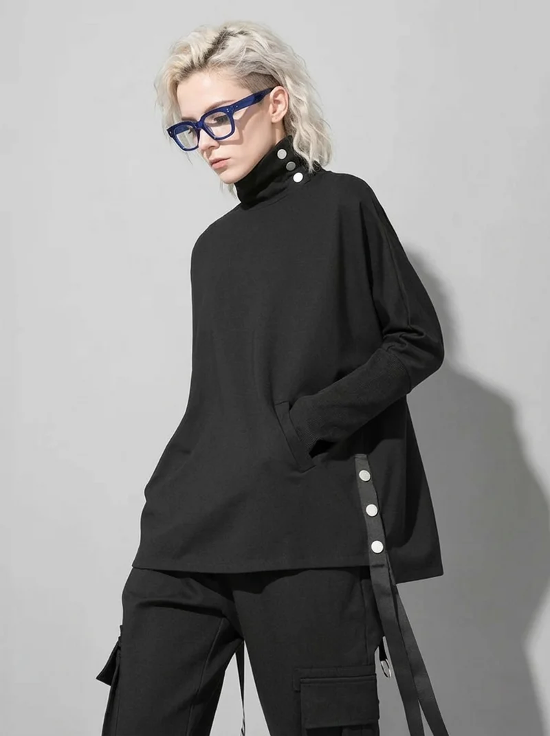 Asymmetric Button Turtleneck Pullover