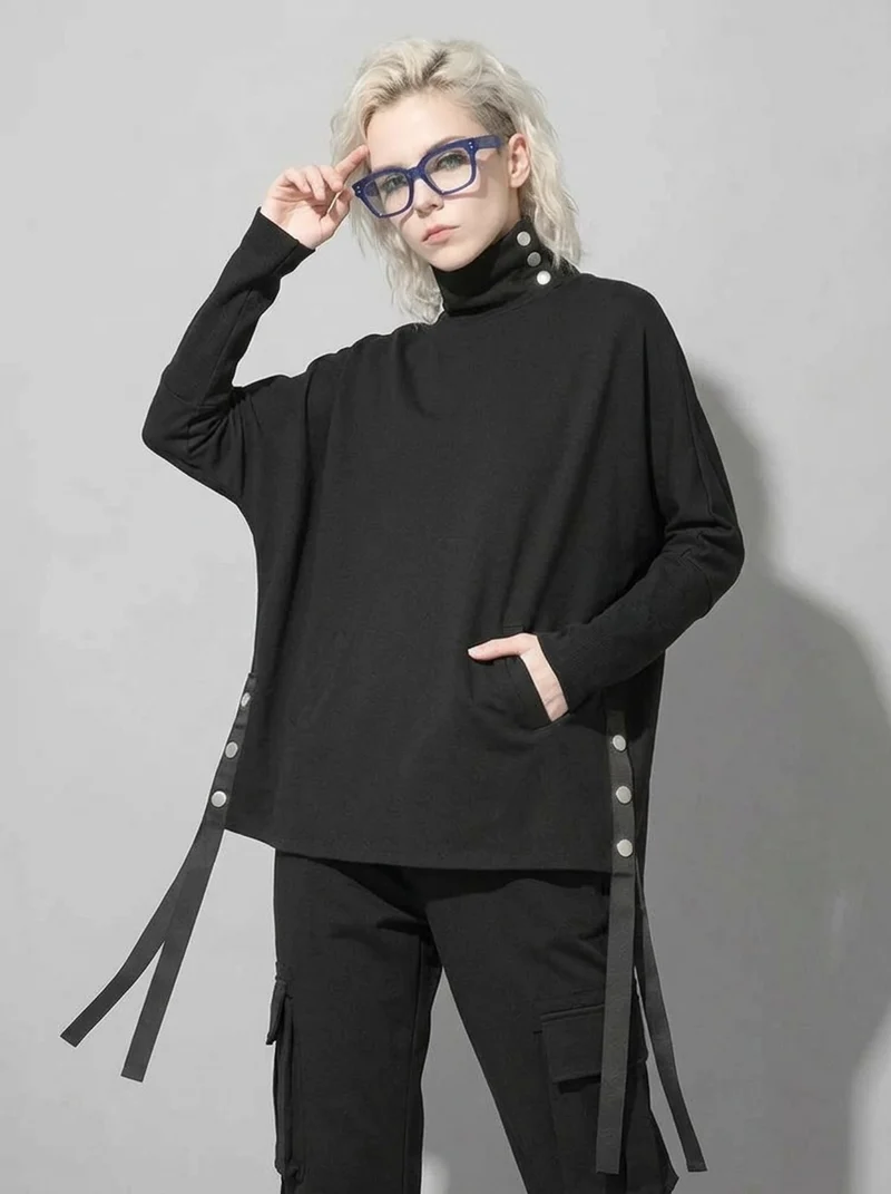 Asymmetric Button Turtleneck Pullover