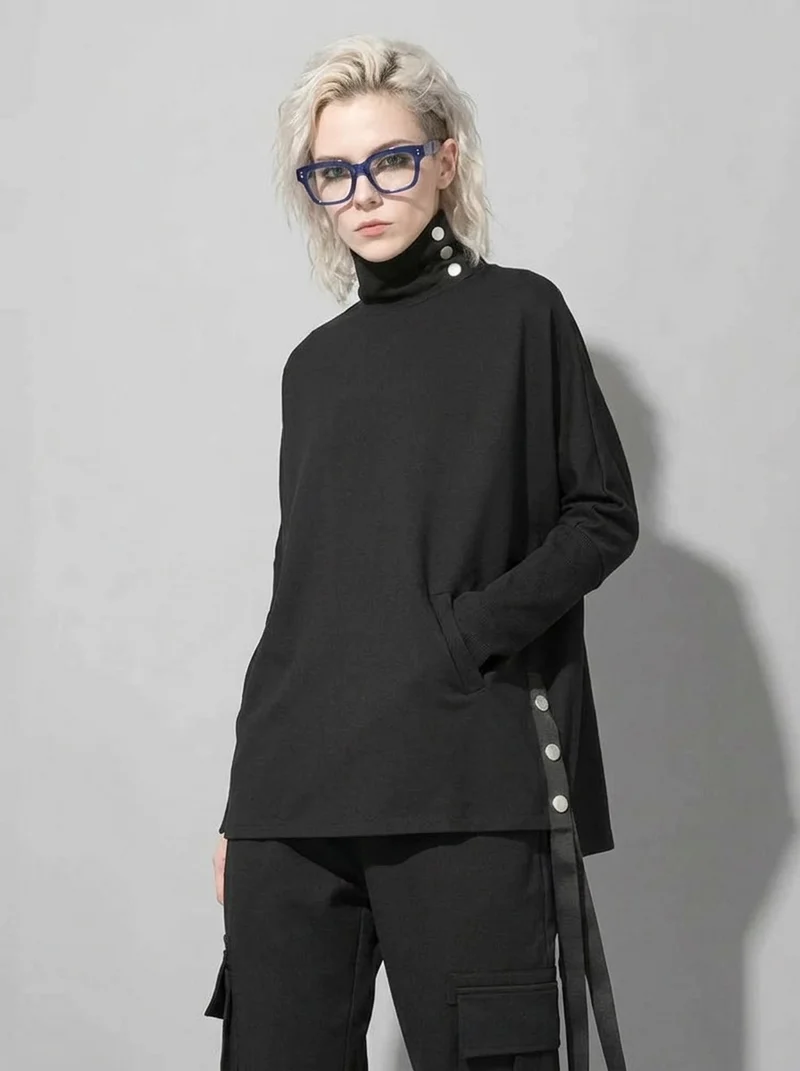 Asymmetric Button Turtleneck Pullover