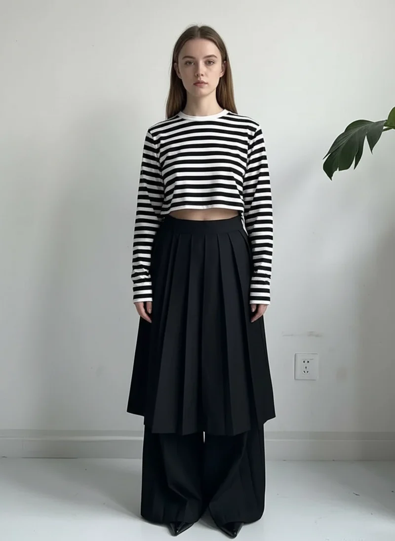 Pleated Overlay Wide-Leg Trousers