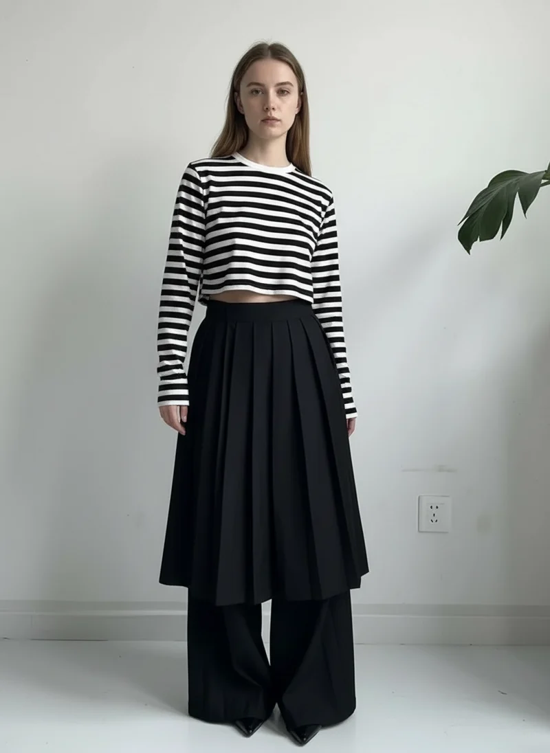 Pleated Overlay Wide-Leg Trousers