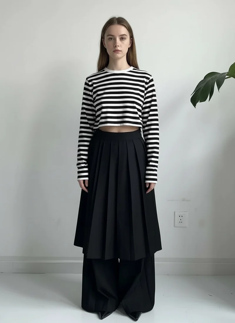 Pleated Overlay Wide-Leg Trousers