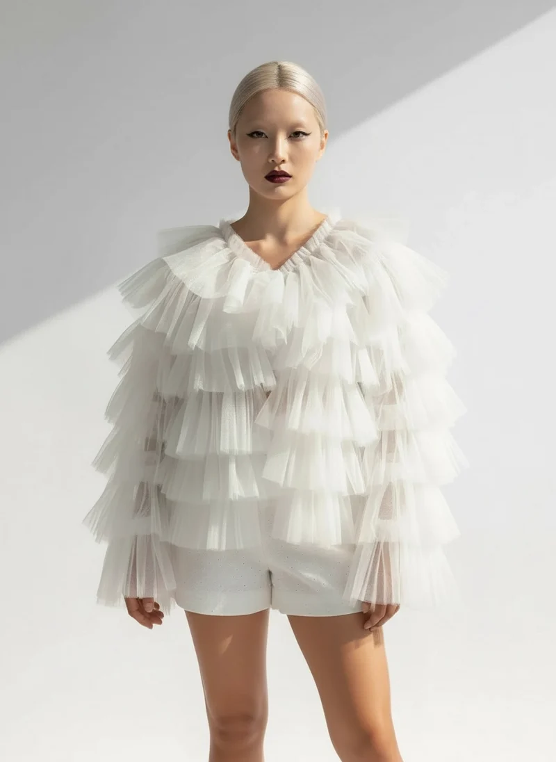 White Tulle Ruffle Cardigan