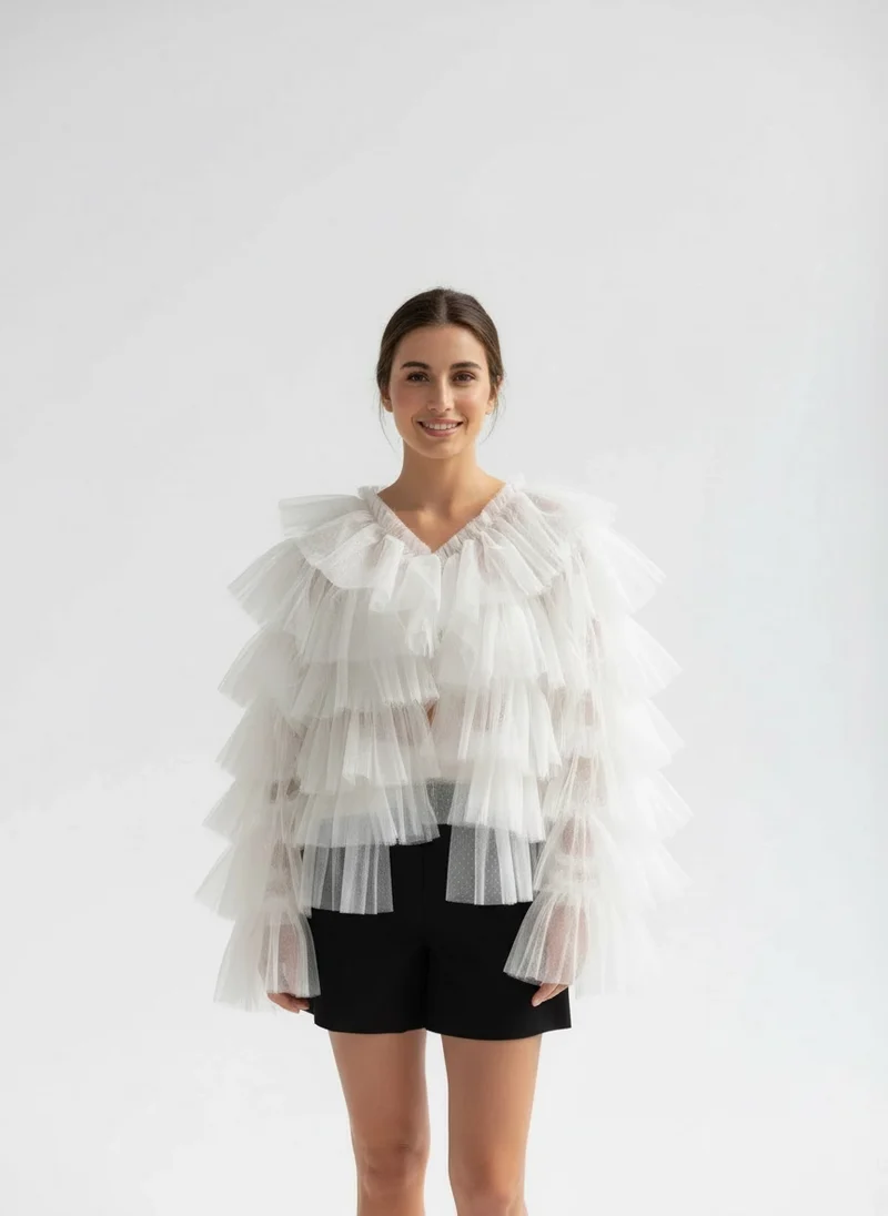 White Tulle Ruffle Cardigan