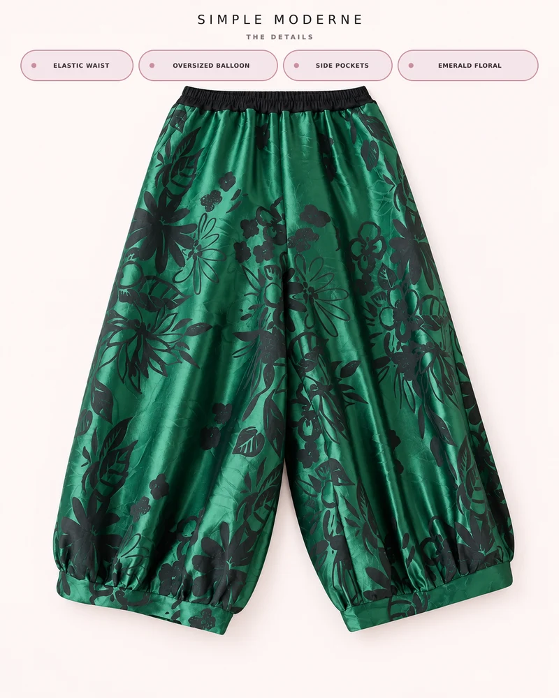 Re-launch Elegant Floral Lantern Pants in Green with Pocket Detail – Relaxed Fit for Modern Style
